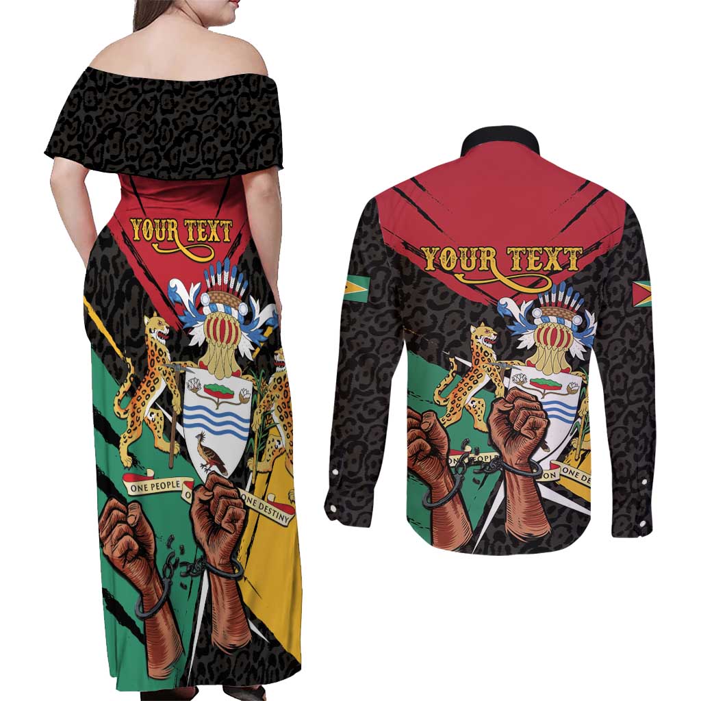 Personalized Guyana Emancipation Day Couples Matching Off Shoulder Maxi Dress and Long Sleeve Button Shirt Jaguar Skin Pattern - Wonder Print Shop