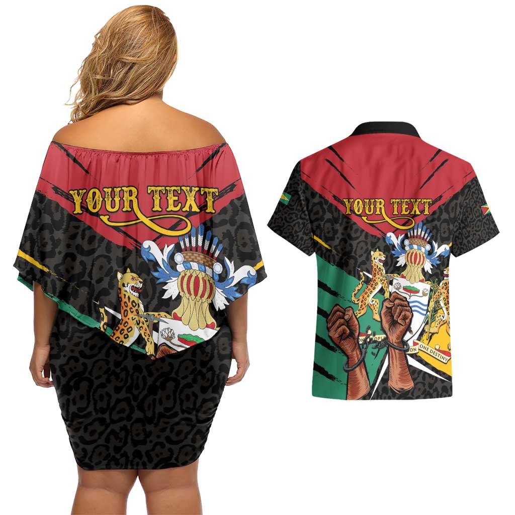 Personalized Guyana Emancipation Day Couples Matching Off Shoulder Short Dress and Hawaiian Shirt Jaguar Skin Pattern - Wonder Print Shop