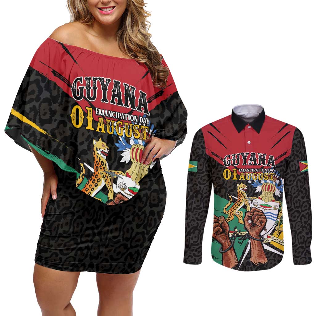 Personalized Guyana Emancipation Day Couples Matching Off Shoulder Short Dress and Long Sleeve Button Shirt Jaguar Skin Pattern - Wonder Print Shop