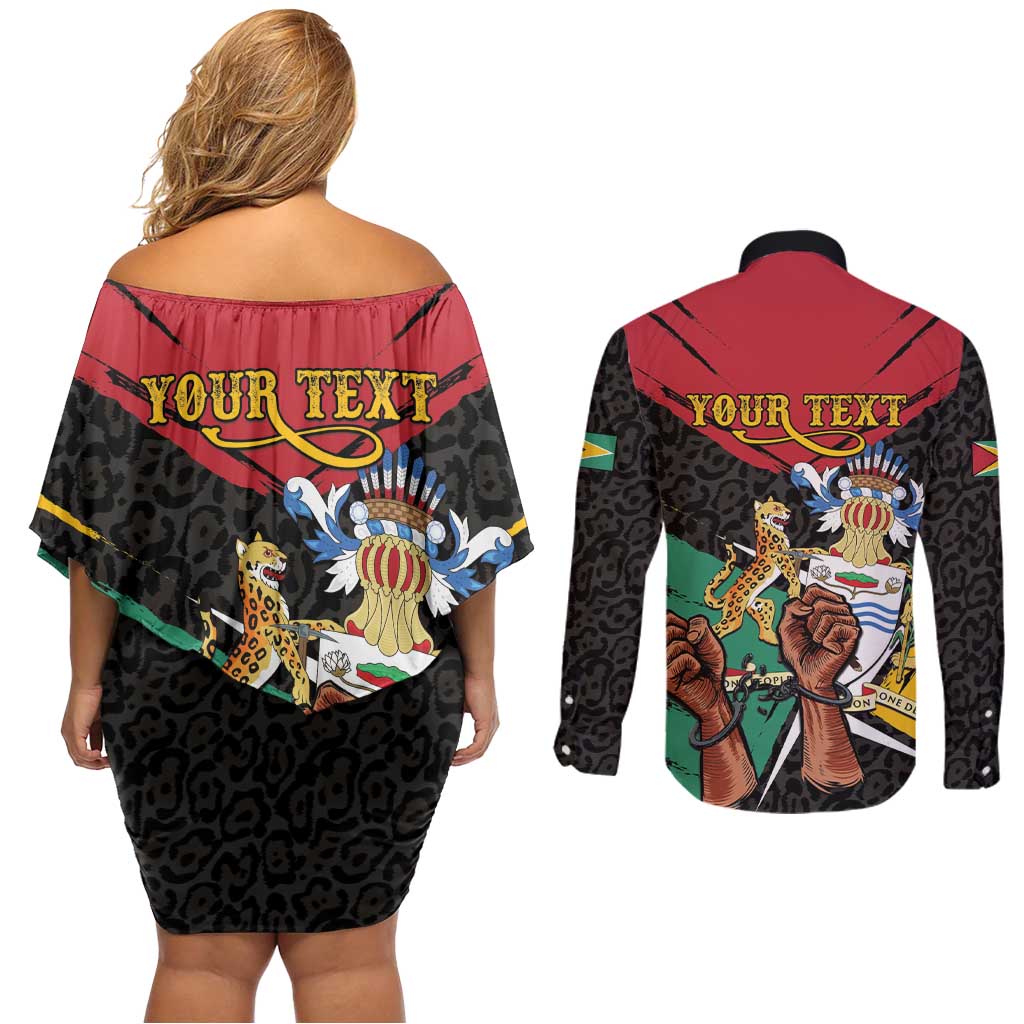 Personalized Guyana Emancipation Day Couples Matching Off Shoulder Short Dress and Long Sleeve Button Shirt Jaguar Skin Pattern - Wonder Print Shop