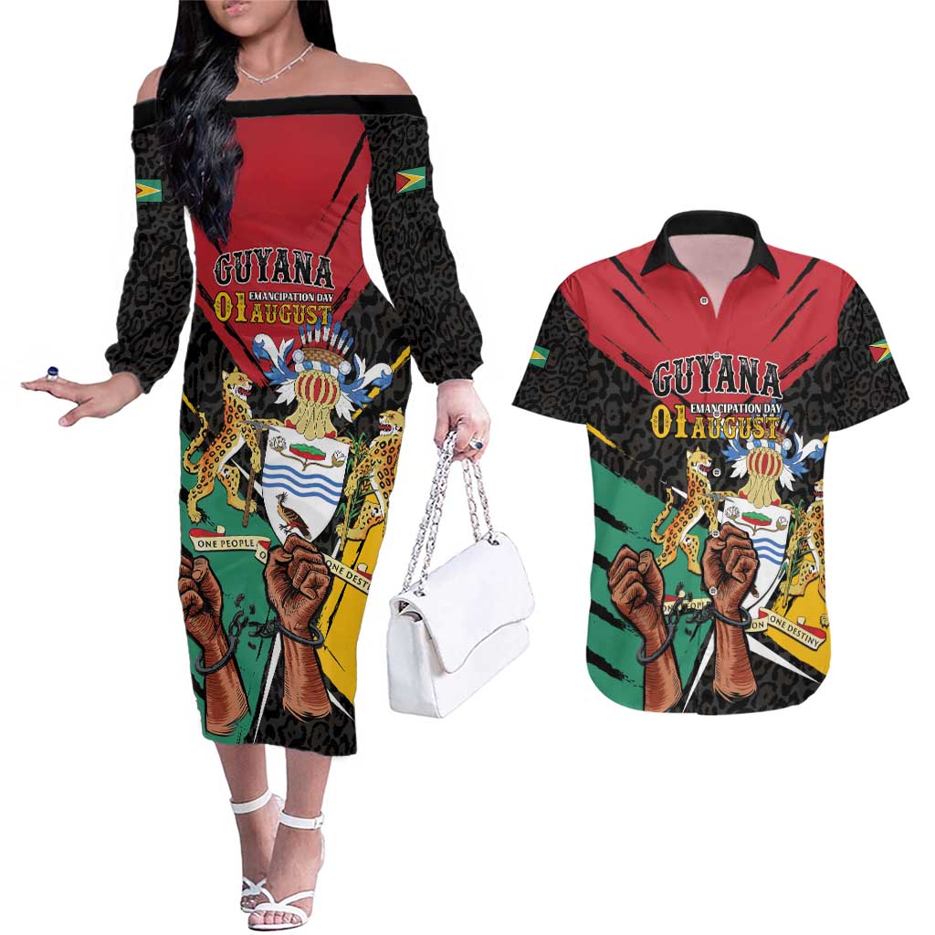 Personalized Guyana Emancipation Day Couples Matching Off The Shoulder Long Sleeve Dress and Hawaiian Shirt Jaguar Skin Pattern - Wonder Print Shop