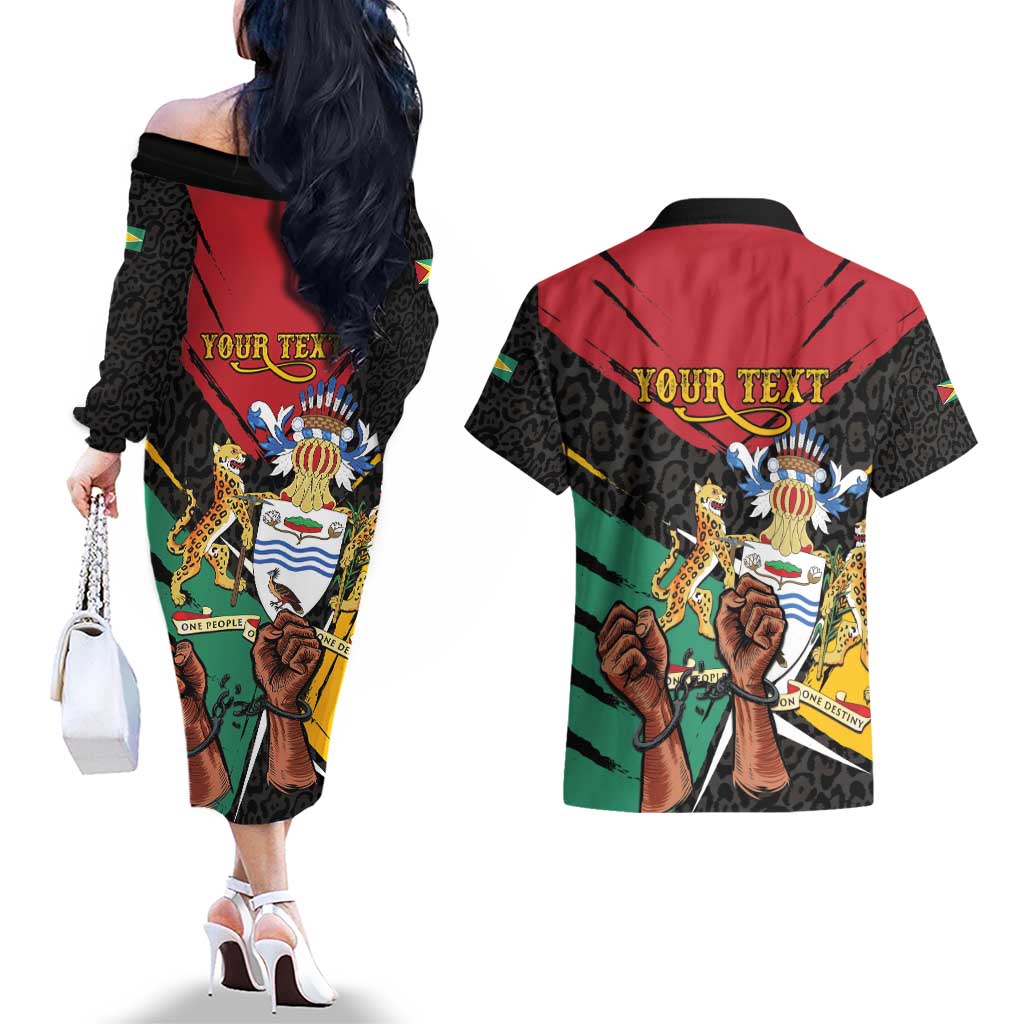 Personalized Guyana Emancipation Day Couples Matching Off The Shoulder Long Sleeve Dress and Hawaiian Shirt Jaguar Skin Pattern - Wonder Print Shop
