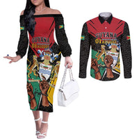 Personalized Guyana Emancipation Day Couples Matching Off The Shoulder Long Sleeve Dress and Long Sleeve Button Shirt Jaguar Skin Pattern - Wonder Print Shop
