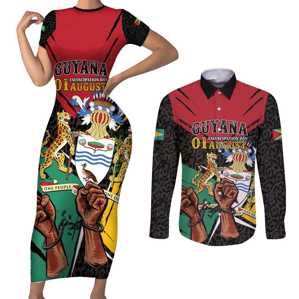 Personalized Guyana Emancipation Day Couples Matching Short Sleeve Bodycon Dress and Long Sleeve Button Shirt Jaguar Skin Pattern - Wonder Print Shop