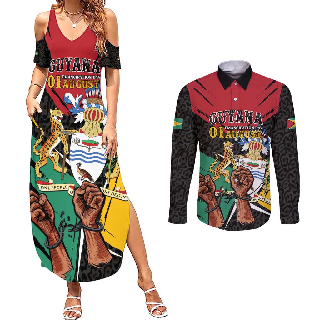 Personalized Guyana Emancipation Day Couples Matching Summer Maxi Dress and Long Sleeve Button Shirt Jaguar Skin Pattern - Wonder Print Shop