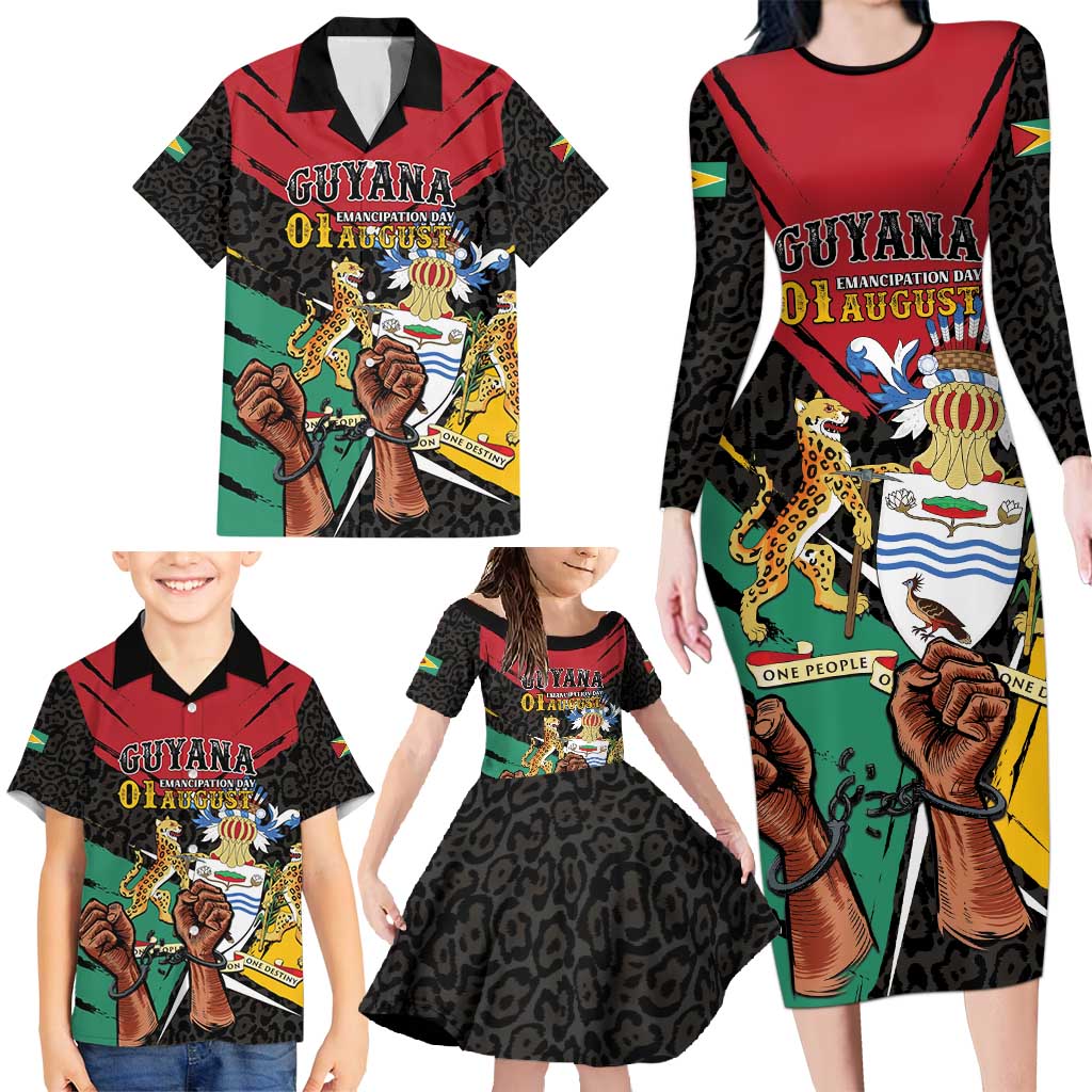 Personalized Guyana Emancipation Day Family Matching Long Sleeve Bodycon Dress and Hawaiian Shirt Jaguar Skin Pattern - Wonder Print Shop
