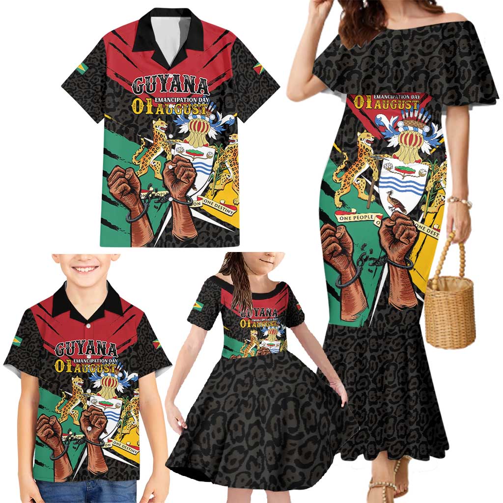 Personalized Guyana Emancipation Day Family Matching Mermaid Dress and Hawaiian Shirt Jaguar Skin Pattern - Wonder Print Shop