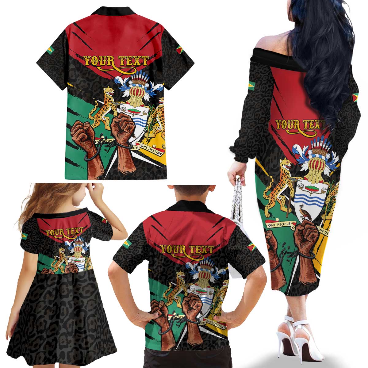 Personalized Guyana Emancipation Day Family Matching Off The Shoulder Long Sleeve Dress and Hawaiian Shirt Jaguar Skin Pattern - Wonder Print Shop