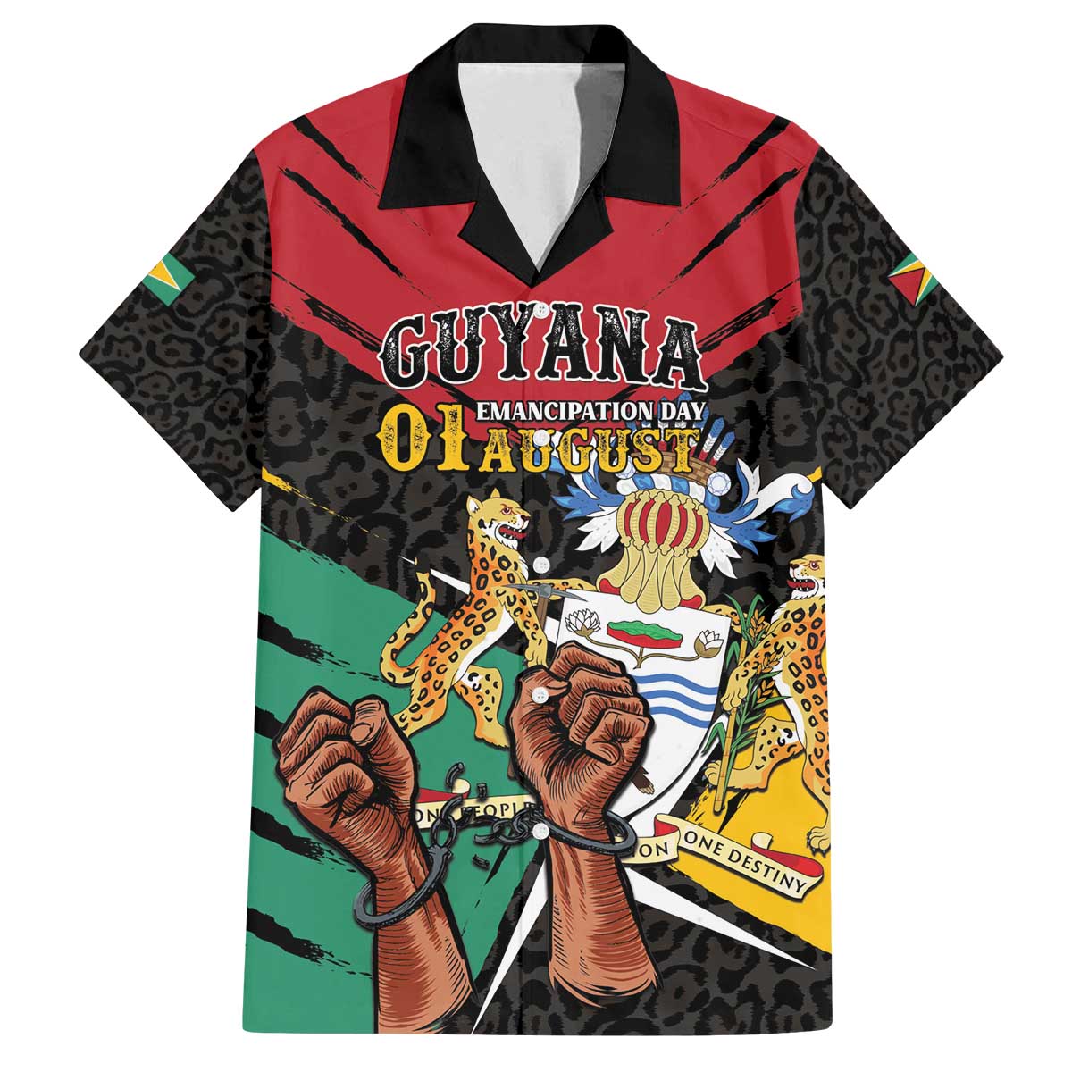 Personalized Guyana Emancipation Day Family Matching Off The Shoulder Long Sleeve Dress and Hawaiian Shirt Jaguar Skin Pattern - Wonder Print Shop