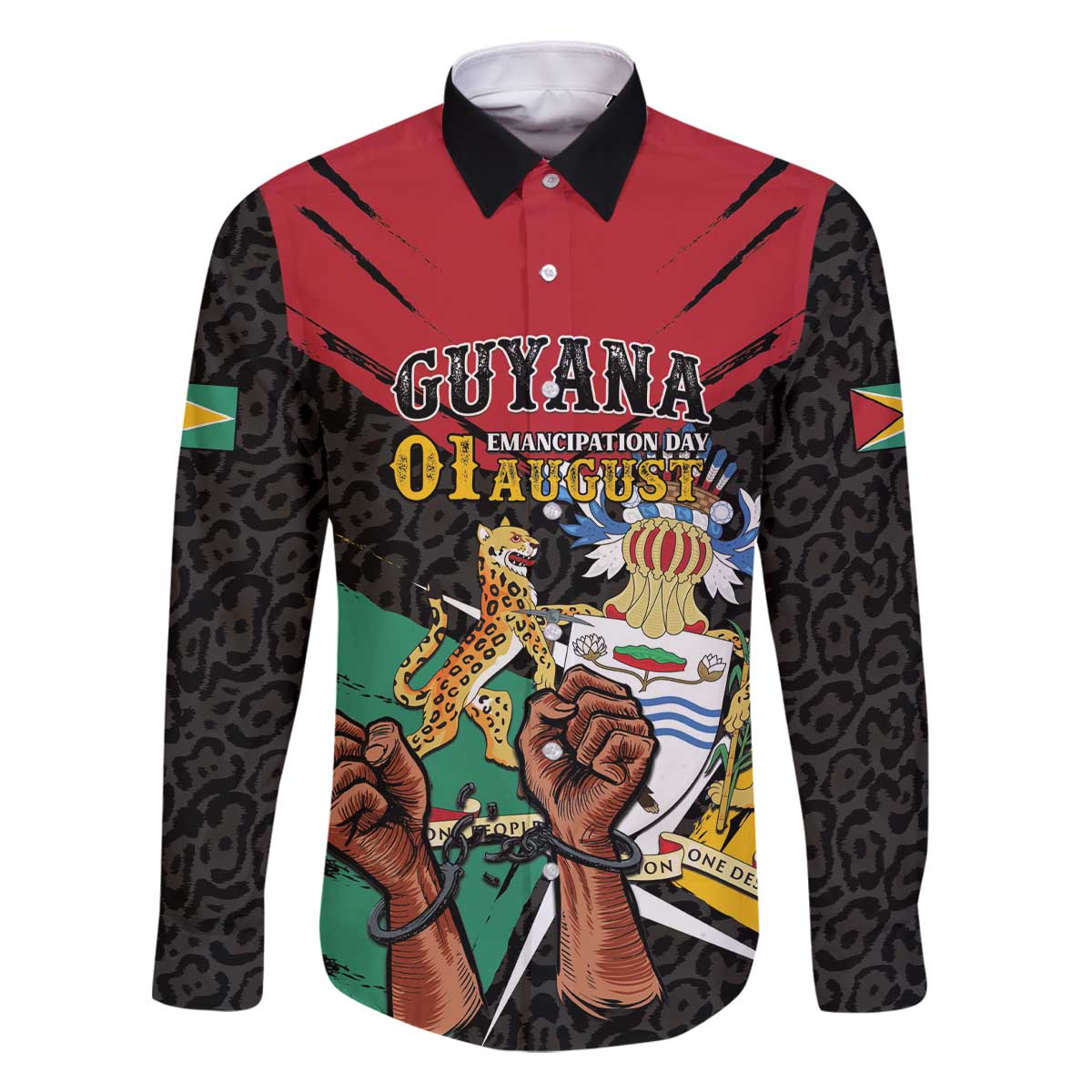 Personalized Guyana Emancipation Day Family Matching Off The Shoulder Long Sleeve Dress and Hawaiian Shirt Jaguar Skin Pattern - Wonder Print Shop