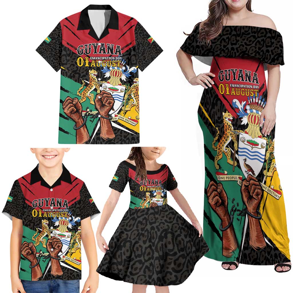 Personalized Guyana Emancipation Day Family Matching Off Shoulder Maxi Dress and Hawaiian Shirt Jaguar Skin Pattern - Wonder Print Shop