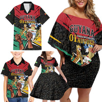 Personalized Guyana Emancipation Day Family Matching Off Shoulder Short Dress and Hawaiian Shirt Jaguar Skin Pattern - Wonder Print Shop