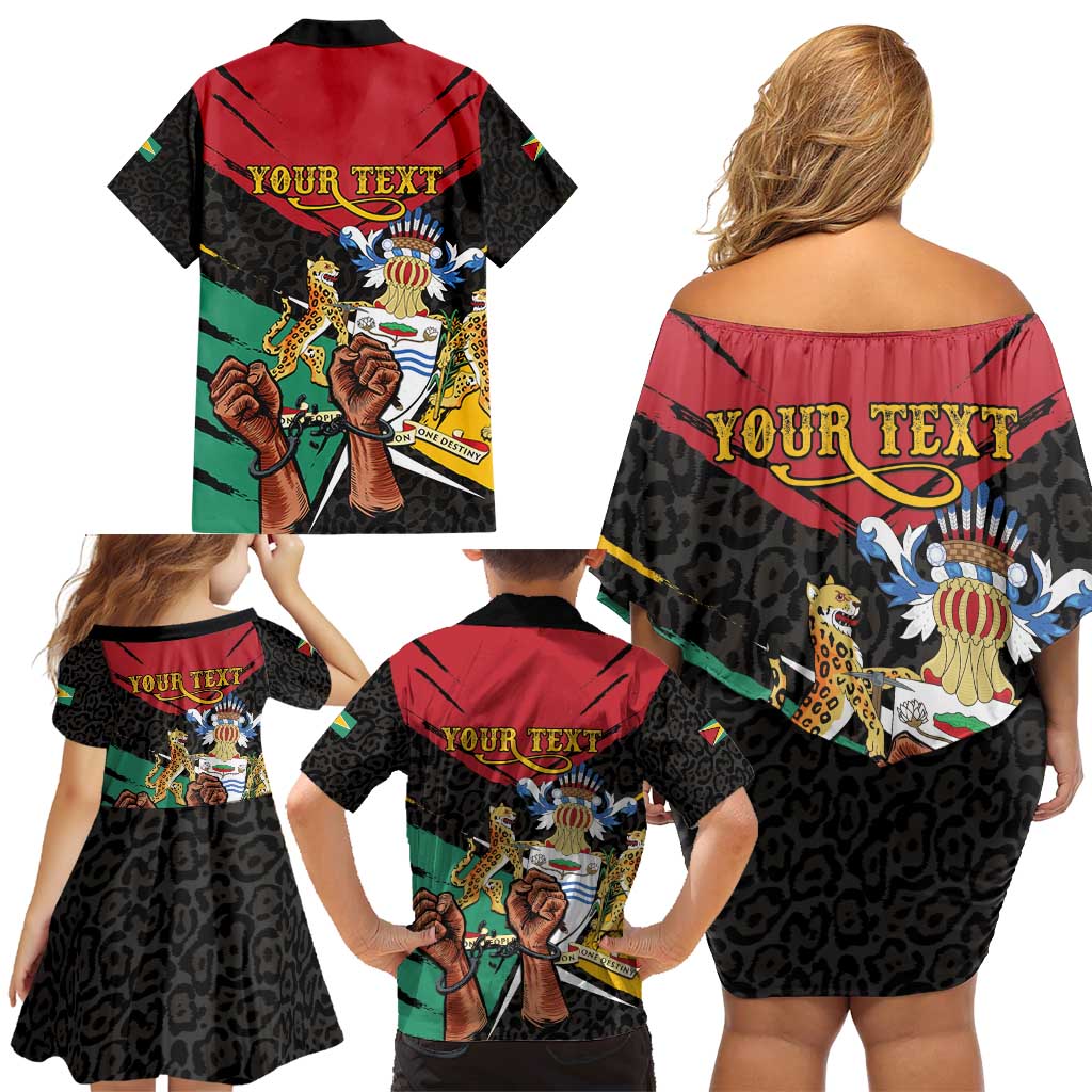 Personalized Guyana Emancipation Day Family Matching Off Shoulder Short Dress and Hawaiian Shirt Jaguar Skin Pattern - Wonder Print Shop