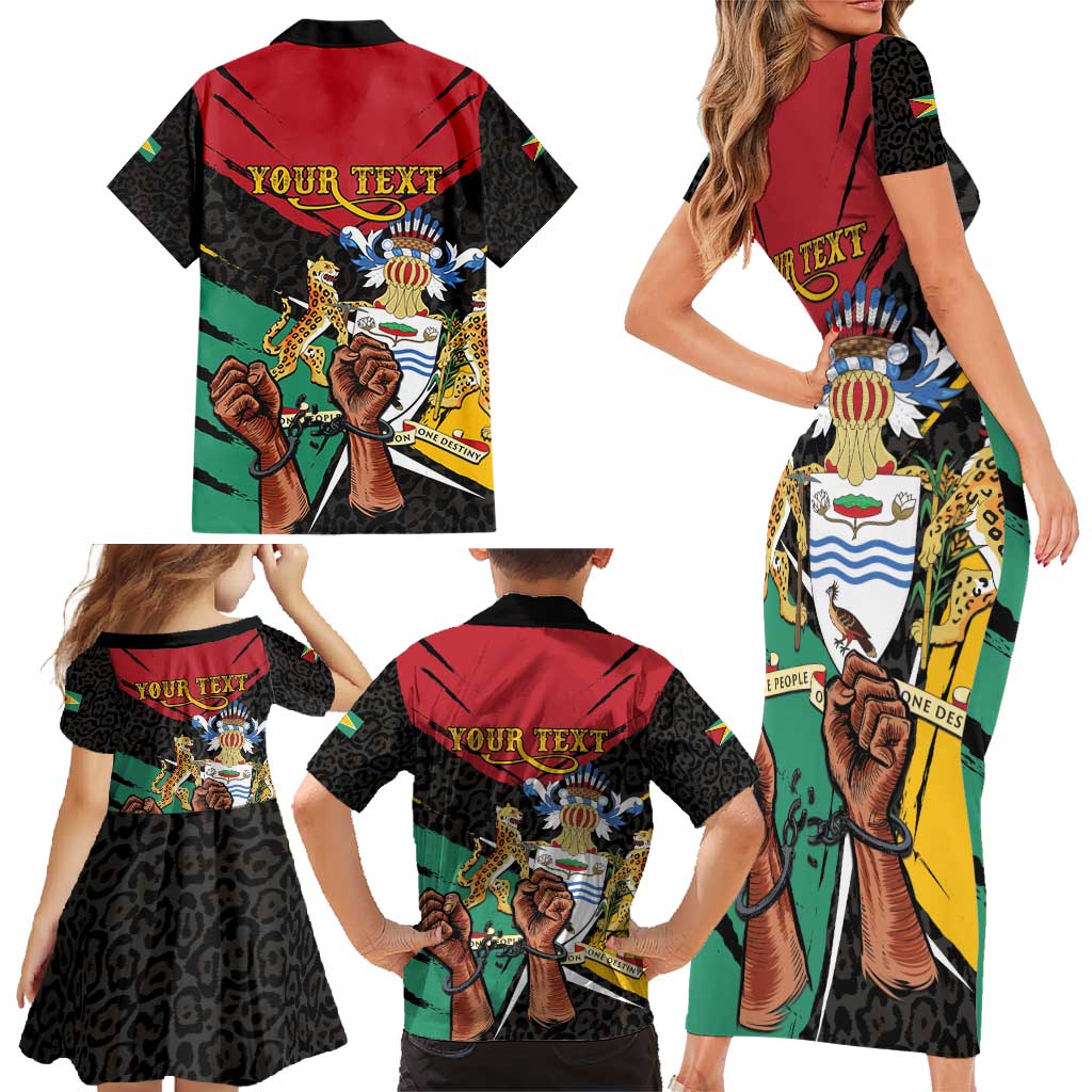 Personalized Guyana Emancipation Day Family Matching Short Sleeve Bodycon Dress and Hawaiian Shirt Jaguar Skin Pattern - Wonder Print Shop