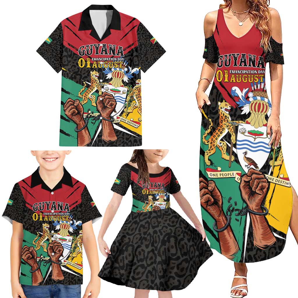 Personalized Guyana Emancipation Day Family Matching Summer Maxi Dress and Hawaiian Shirt Jaguar Skin Pattern - Wonder Print Shop