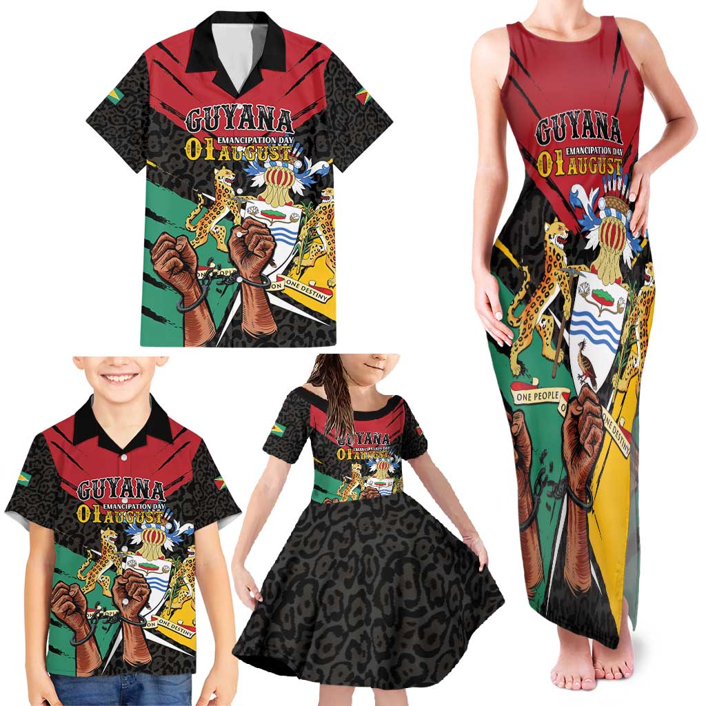 Personalized Guyana Emancipation Day Family Matching Tank Maxi Dress and Hawaiian Shirt Jaguar Skin Pattern - Wonder Print Shop