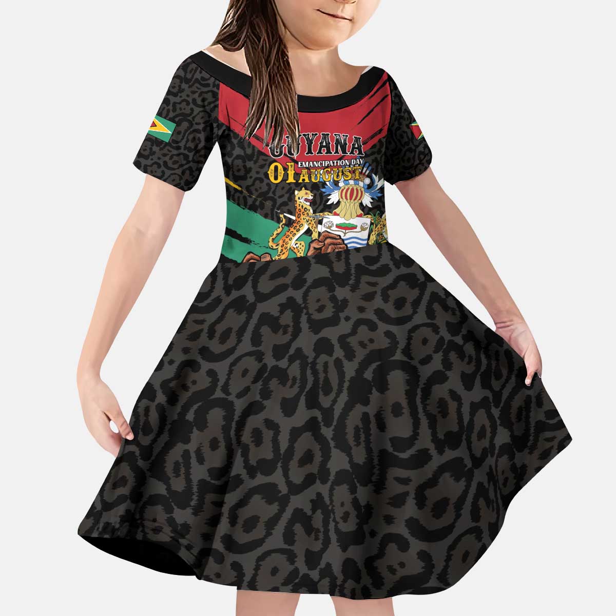 Personalized Guyana Emancipation Day Kid Short Sleeve Dress Jaguar Skin Pattern - Wonder Print Shop