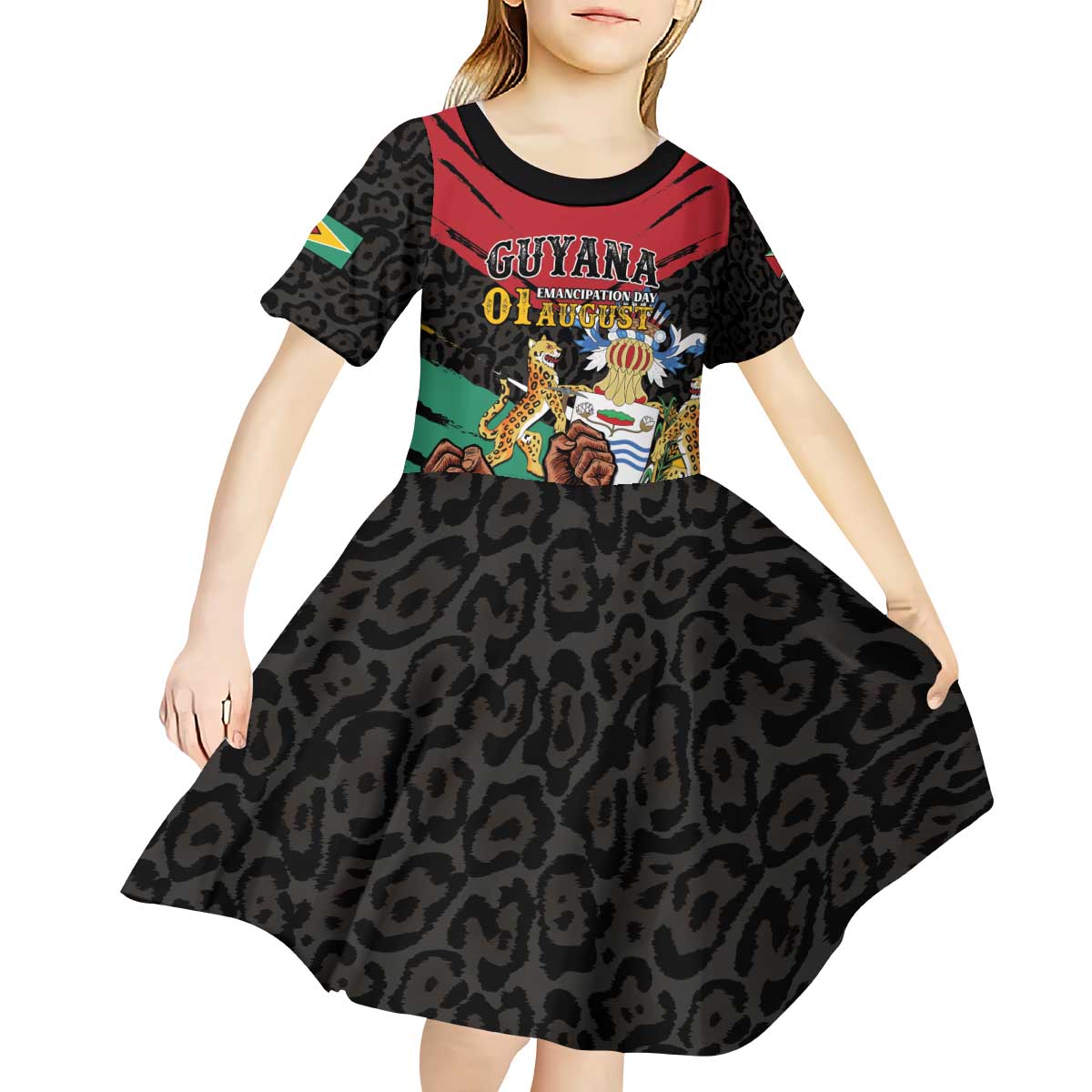 Personalized Guyana Emancipation Day Kid Short Sleeve Dress Jaguar Skin Pattern - Wonder Print Shop
