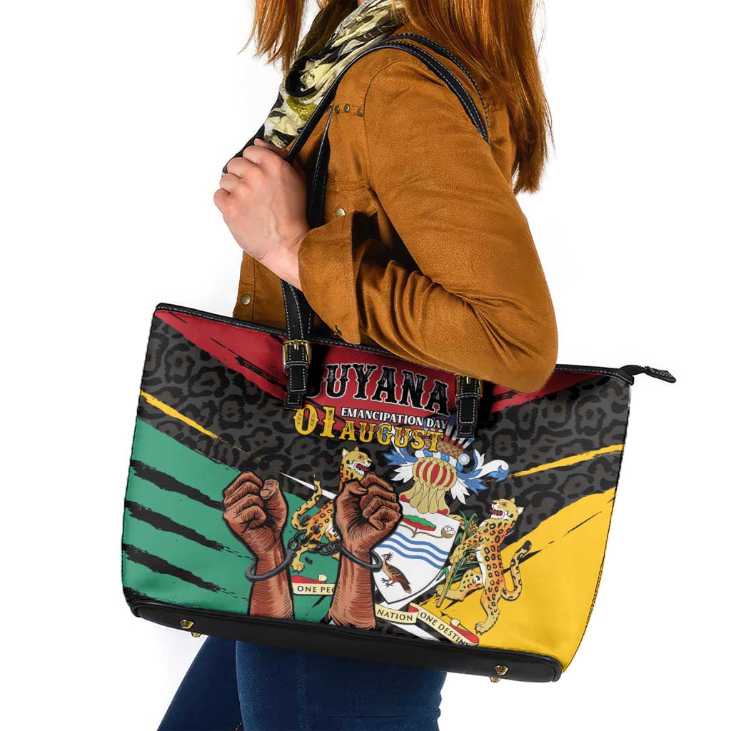Guyana Emancipation Day Leather Tote Bag Jaguar Skin Pattern - Wonder Print Shop
