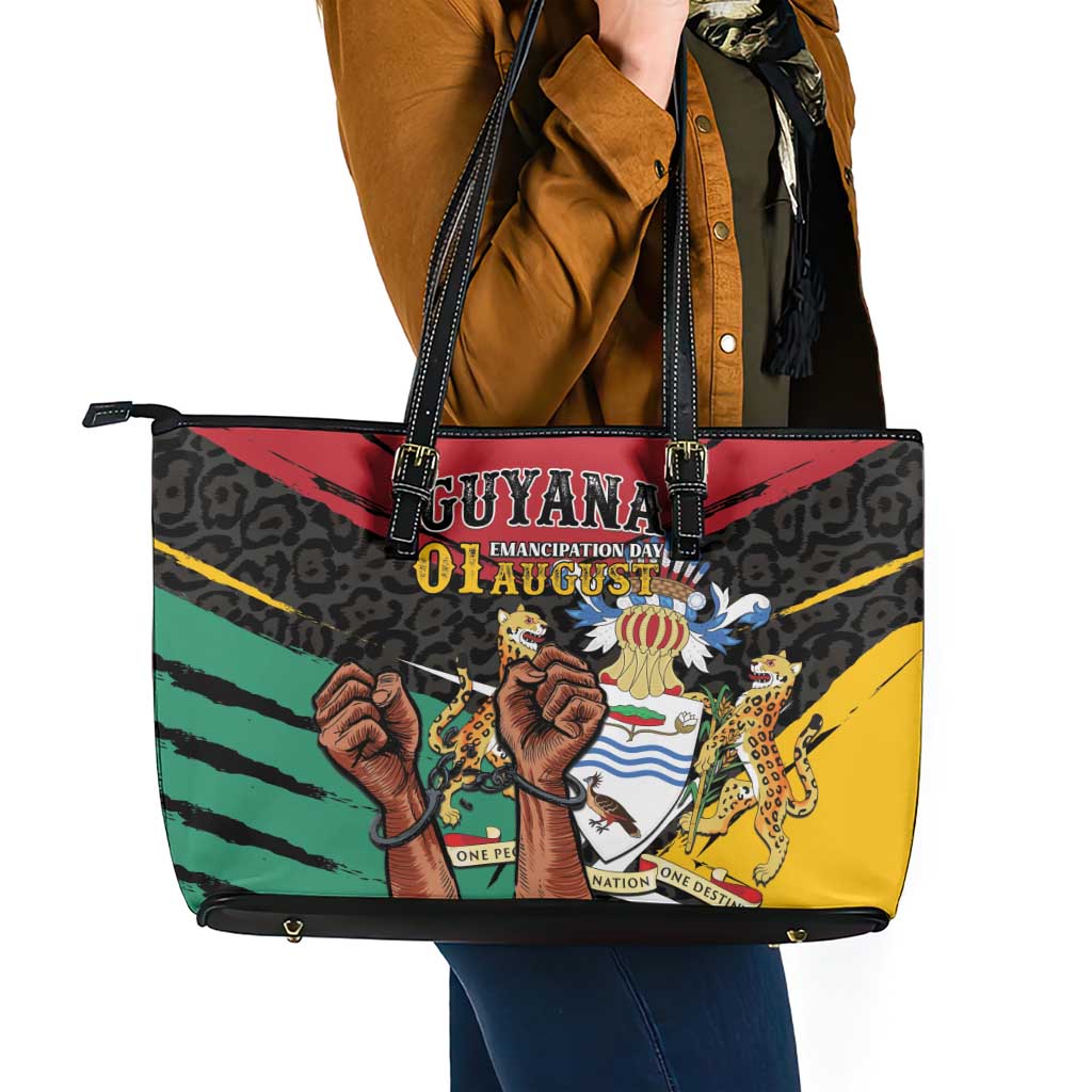 Guyana Emancipation Day Leather Tote Bag Jaguar Skin Pattern - Wonder Print Shop