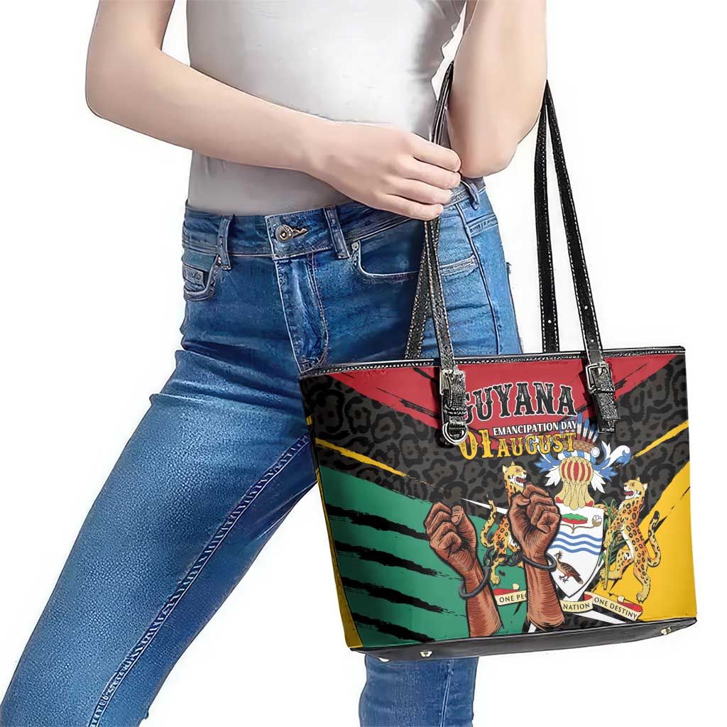 Guyana Emancipation Day Leather Tote Bag Jaguar Skin Pattern - Wonder Print Shop