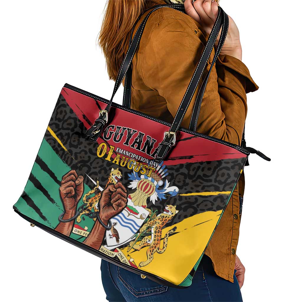 Guyana Emancipation Day Leather Tote Bag Jaguar Skin Pattern - Wonder Print Shop