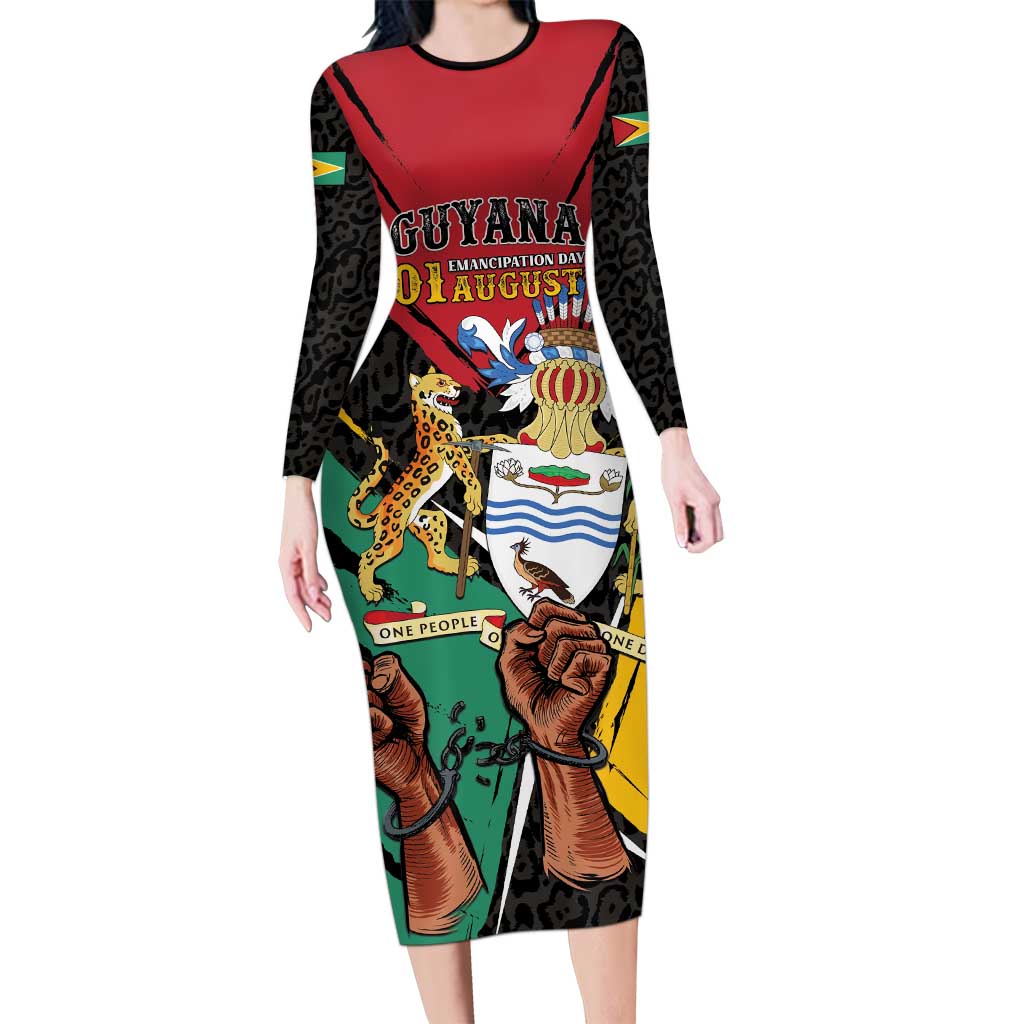 Personalized Guyana Emancipation Day Long Sleeve Bodycon Dress Jaguar Skin Pattern - Wonder Print Shop