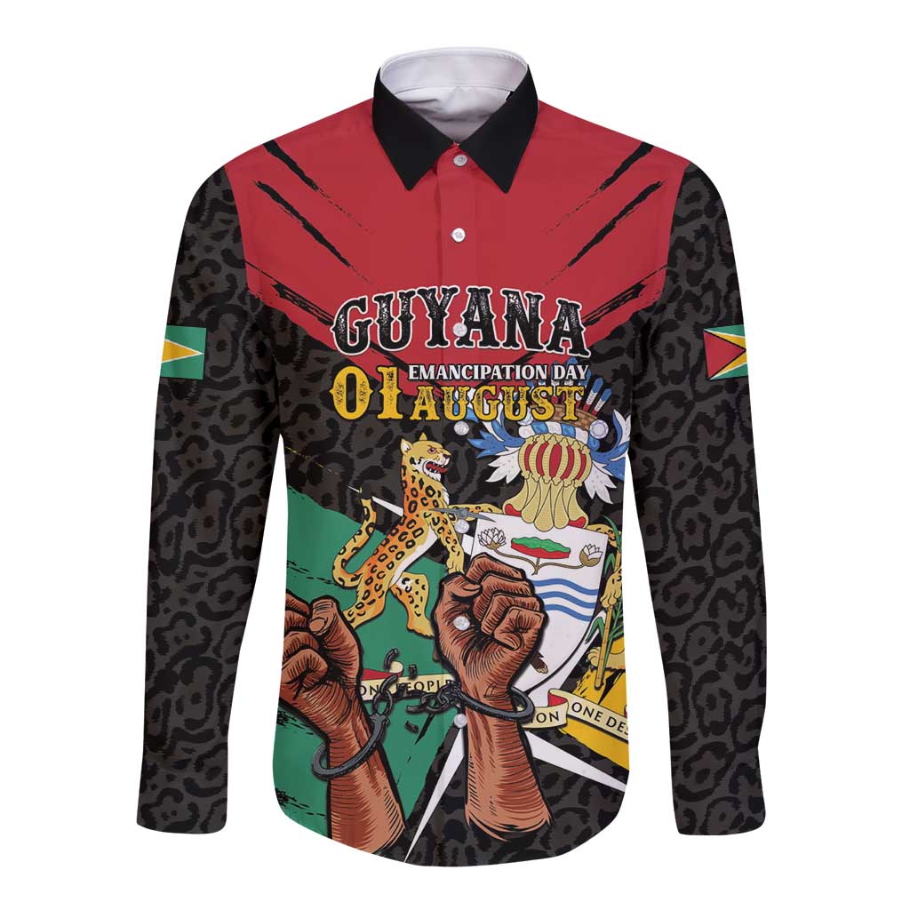 Personalized Guyana Emancipation Day Long Sleeve Button Shirt Jaguar Skin Pattern - Wonder Print Shop