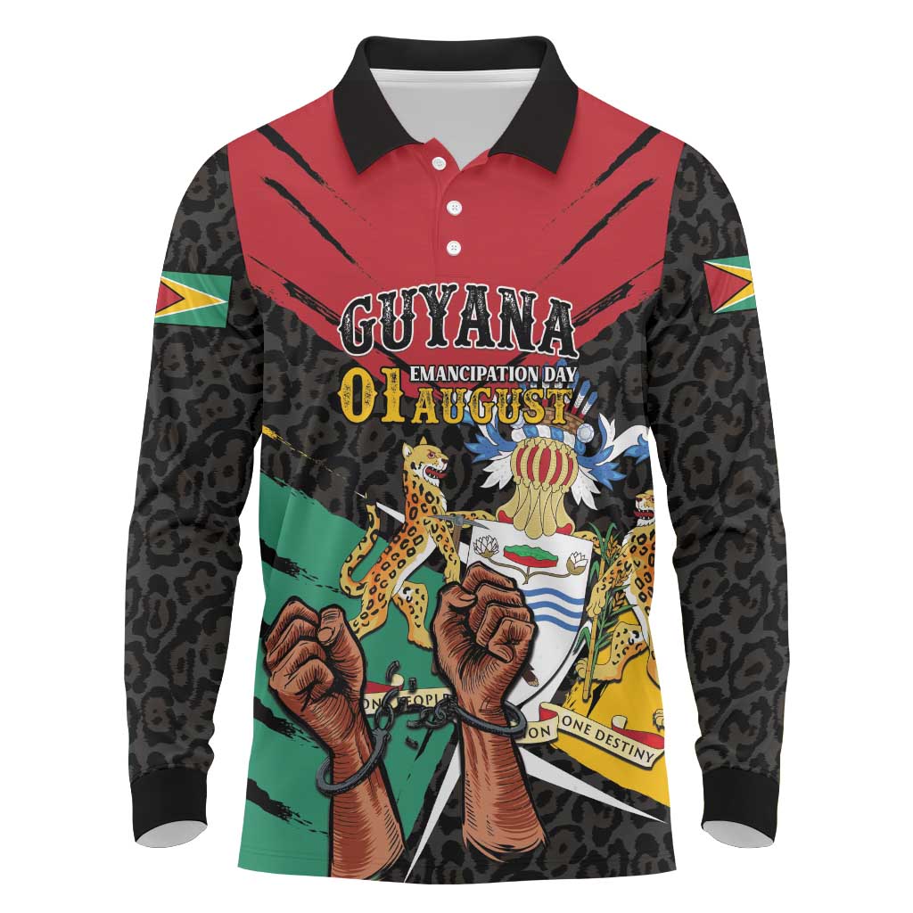 Personalized Guyana Emancipation Day Long Sleeve Polo Shirt Jaguar Skin Pattern - Wonder Print Shop