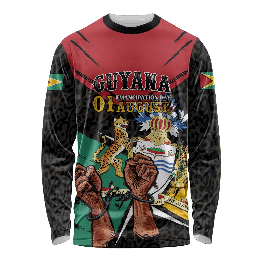 Personalized Guyana Emancipation Day Long Sleeve Shirt Jaguar Skin Pattern - Wonder Print Shop