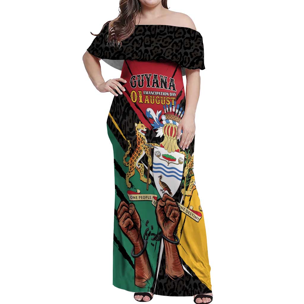 Personalized Guyana Emancipation Day Off Shoulder Maxi Dress Jaguar Skin Pattern - Wonder Print Shop