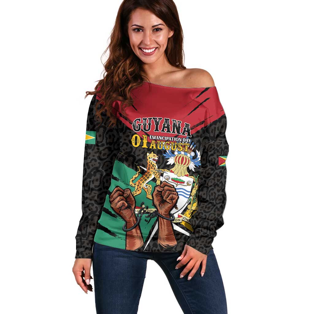 Personalized Guyana Emancipation Day Off Shoulder Sweater Jaguar Skin Pattern - Wonder Print Shop