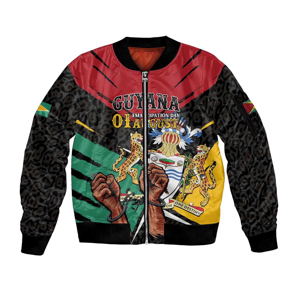 Personalized Guyana Emancipation Day Sleeve Zip Bomber Jacket Jaguar Skin Pattern - Wonder Print Shop