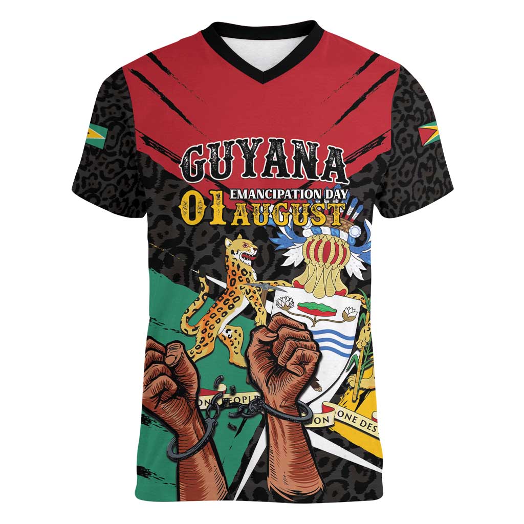 Personalized Guyana Emancipation Day Women V-Neck T-Shirt Jaguar Skin Pattern - Wonder Print Shop