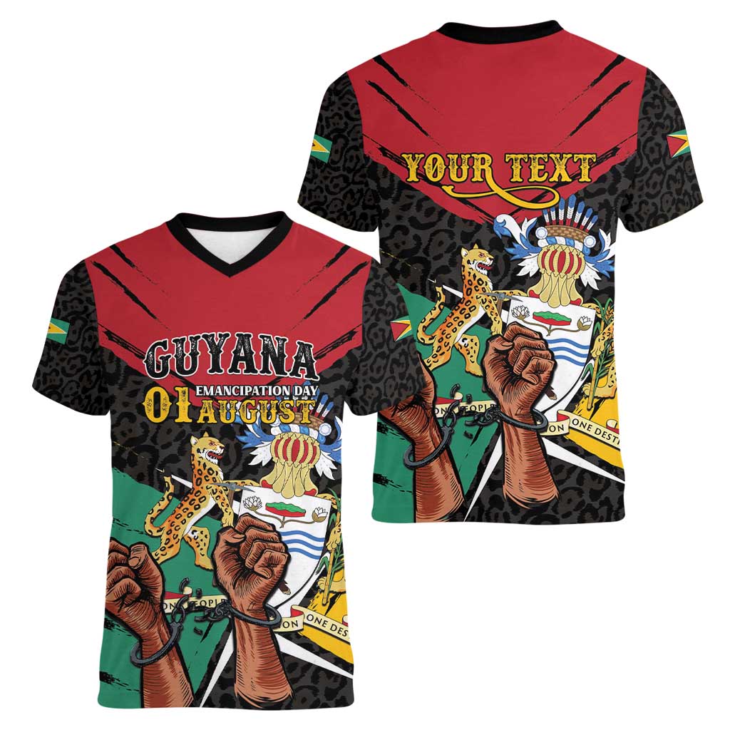 Personalized Guyana Emancipation Day Women V-Neck T-Shirt Jaguar Skin Pattern - Wonder Print Shop