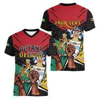 Personalized Guyana Emancipation Day Women V-Neck T-Shirt Jaguar Skin Pattern - Wonder Print Shop