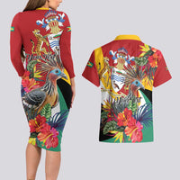 Personalized Guyana Canje Pheasant Couples Matching Long Sleeve Bodycon Dress and Hawaiian Shirt Tropical Flowers - Wonder Print Shop