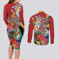 Personalized Guyana Canje Pheasant Couples Matching Long Sleeve Bodycon Dress and Long Sleeve Button Shirt Tropical Flowers - Wonder Print Shop