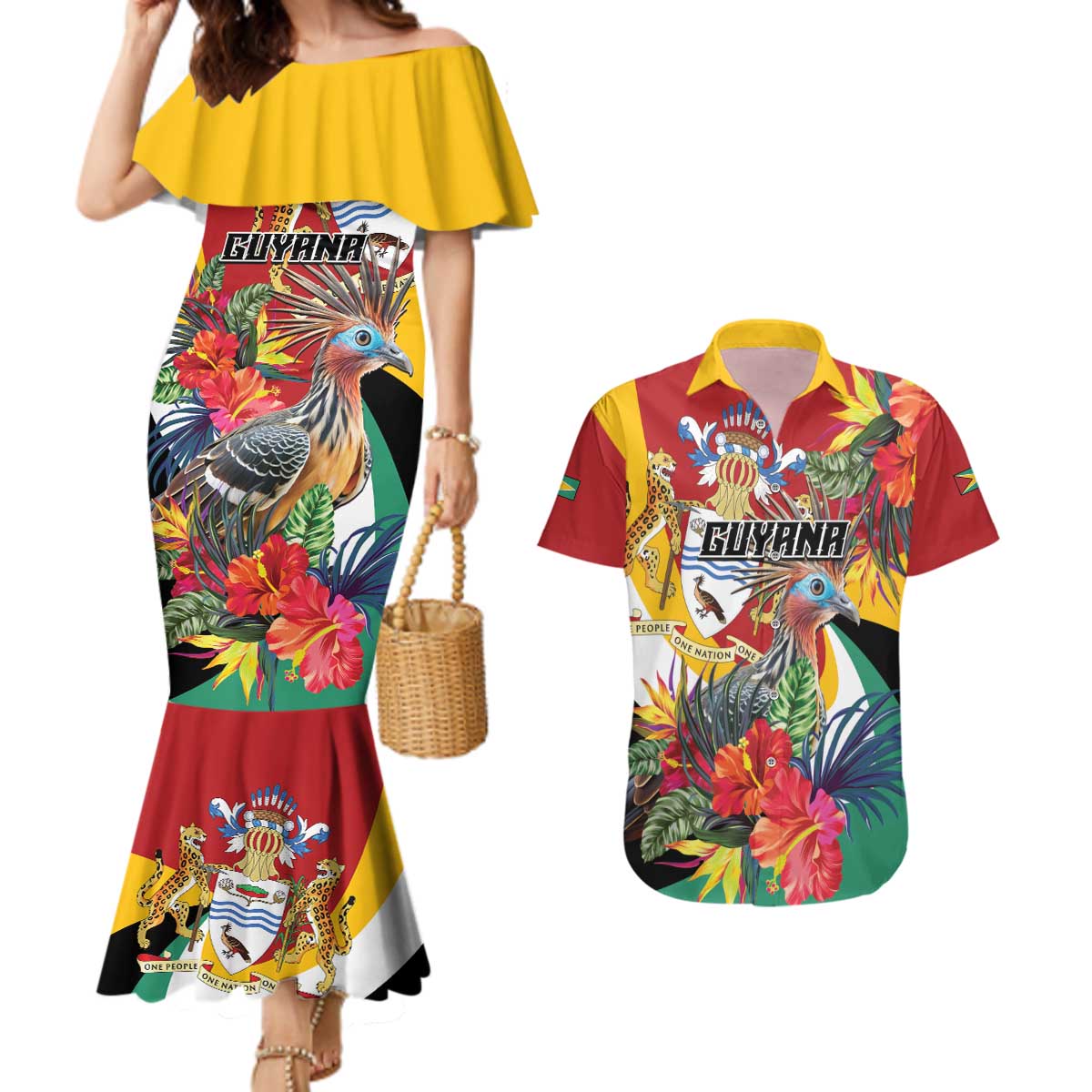 Personalized Guyana Canje Pheasant Couples Matching Mermaid Dress and Hawaiian Shirt Tropical Flowers - Wonder Print Shop