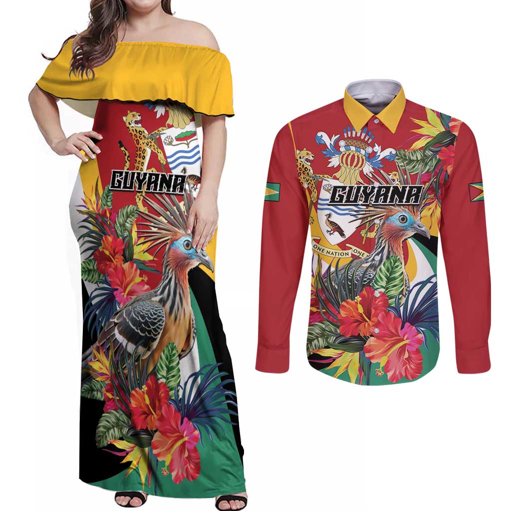 Personalized Guyana Canje Pheasant Couples Matching Off Shoulder Maxi Dress and Long Sleeve Button Shirt Tropical Flowers - Wonder Print Shop