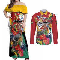 Personalized Guyana Canje Pheasant Couples Matching Off Shoulder Maxi Dress and Long Sleeve Button Shirt Tropical Flowers - Wonder Print Shop