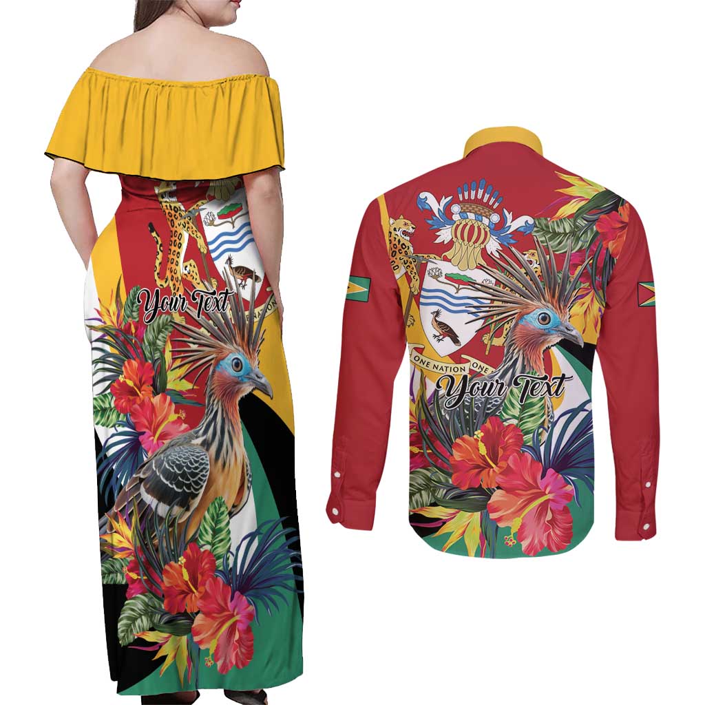 Personalized Guyana Canje Pheasant Couples Matching Off Shoulder Maxi Dress and Long Sleeve Button Shirt Tropical Flowers - Wonder Print Shop