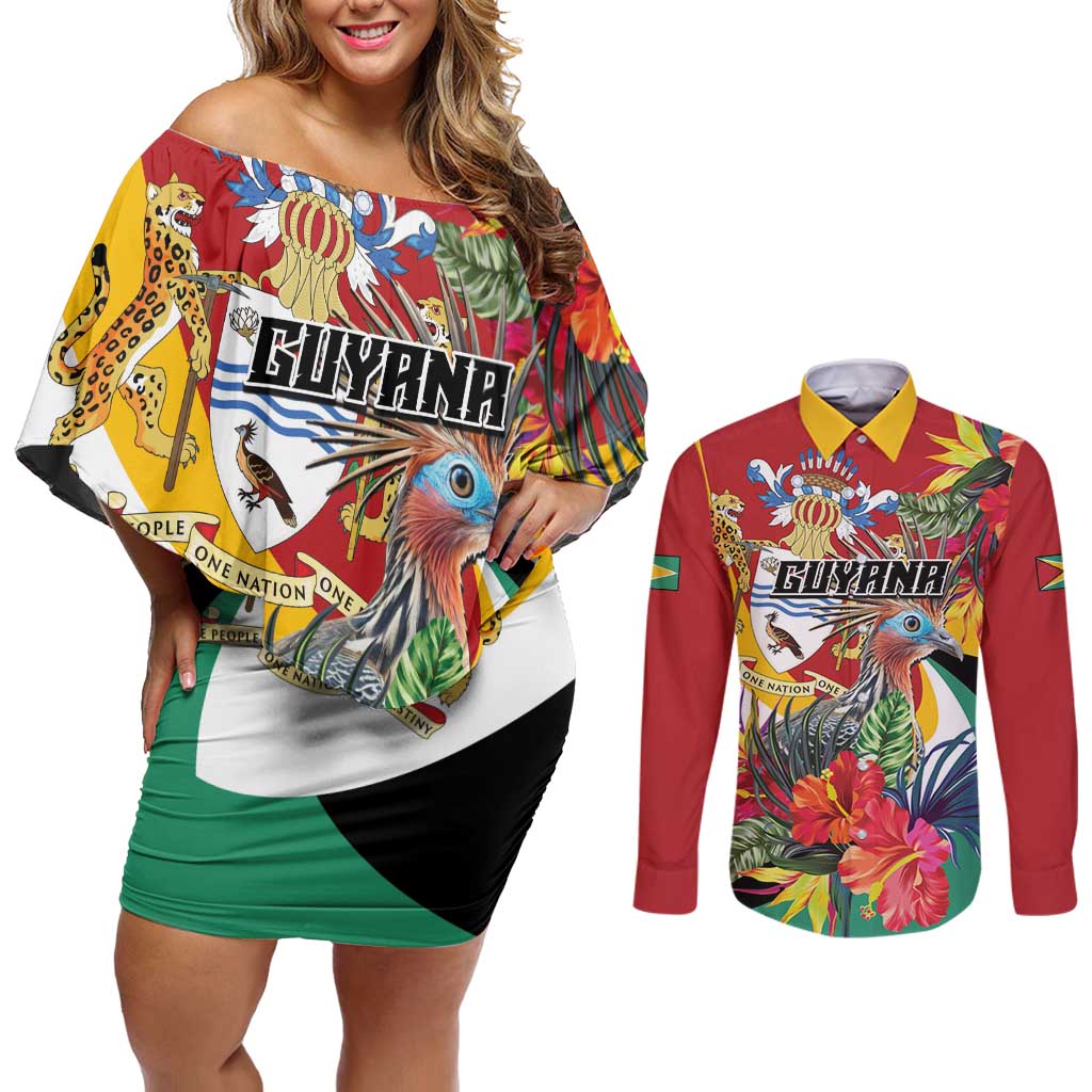 Personalized Guyana Canje Pheasant Couples Matching Off Shoulder Short Dress and Long Sleeve Button Shirt Tropical Flowers - Wonder Print Shop