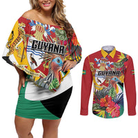 Personalized Guyana Canje Pheasant Couples Matching Off Shoulder Short Dress and Long Sleeve Button Shirt Tropical Flowers - Wonder Print Shop
