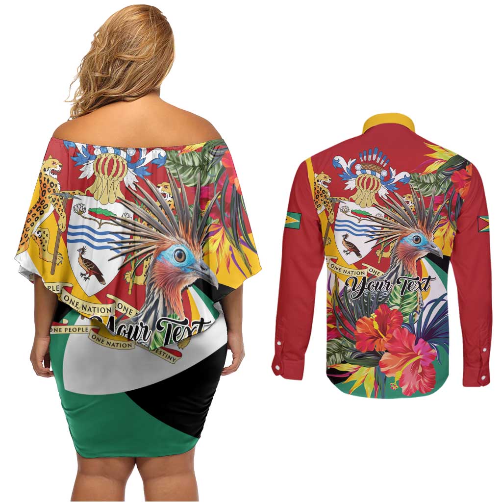 Personalized Guyana Canje Pheasant Couples Matching Off Shoulder Short Dress and Long Sleeve Button Shirt Tropical Flowers - Wonder Print Shop
