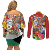 Personalized Guyana Canje Pheasant Couples Matching Off Shoulder Short Dress and Long Sleeve Button Shirt Tropical Flowers - Wonder Print Shop