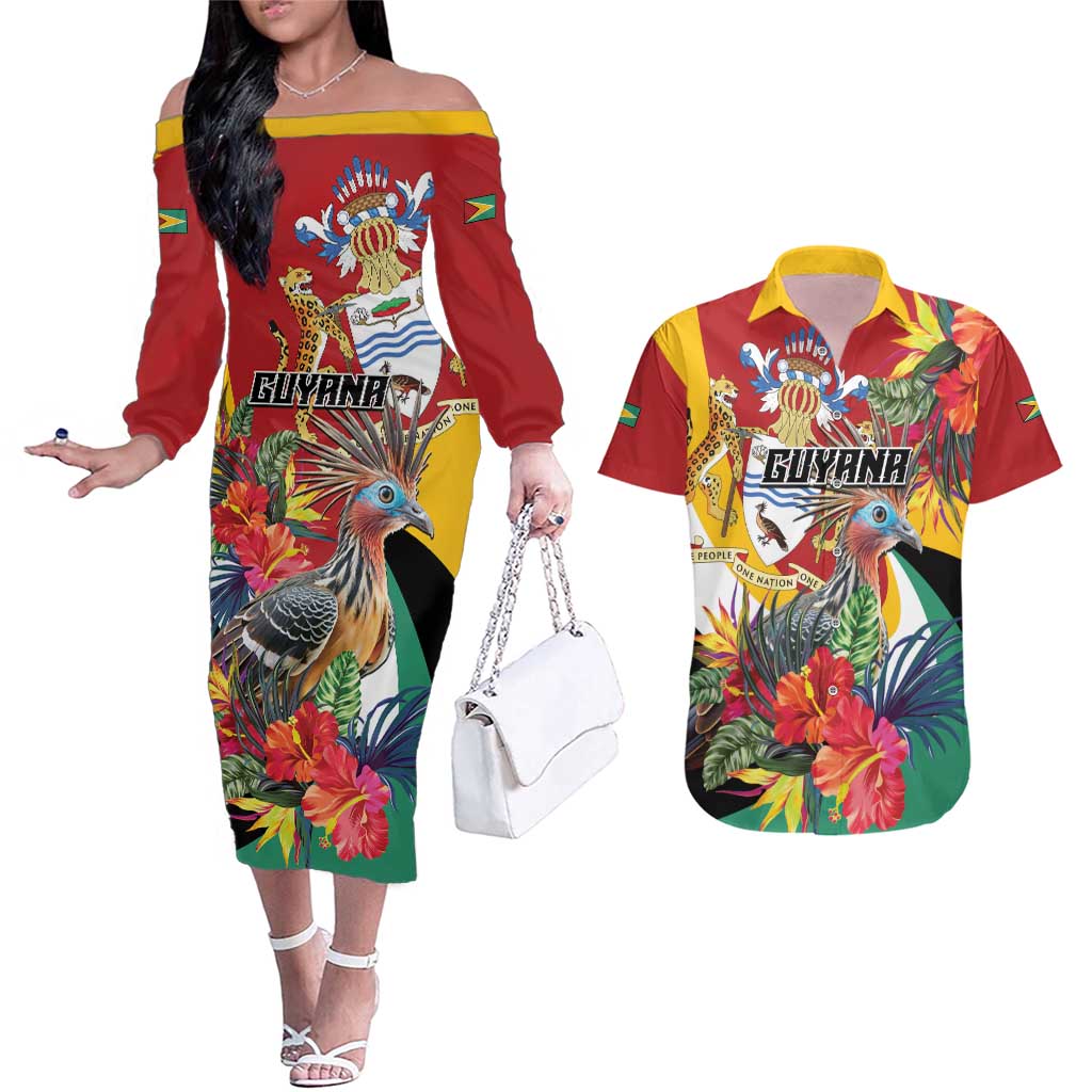 Personalized Guyana Canje Pheasant Couples Matching Off The Shoulder Long Sleeve Dress and Hawaiian Shirt Tropical Flowers - Wonder Print Shop