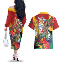 Personalized Guyana Canje Pheasant Couples Matching Off The Shoulder Long Sleeve Dress and Hawaiian Shirt Tropical Flowers - Wonder Print Shop