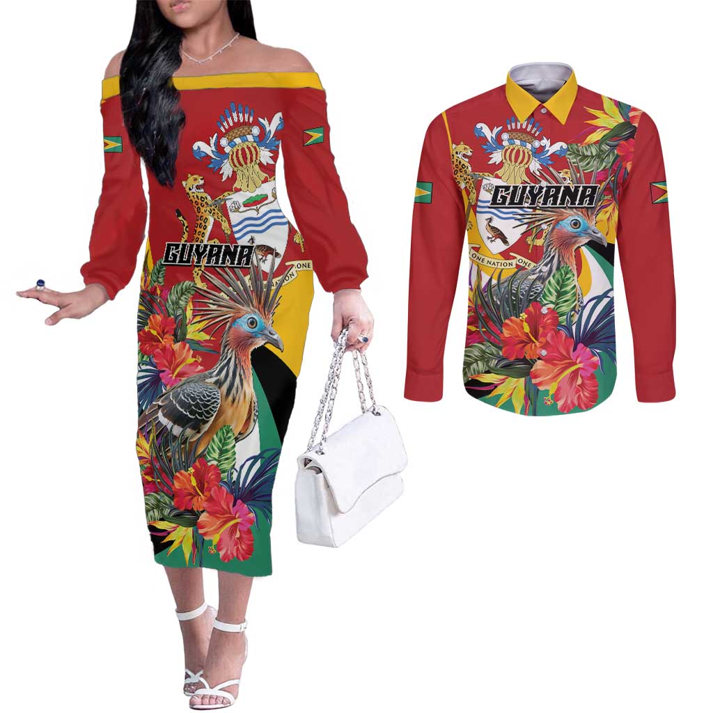 Personalized Guyana Canje Pheasant Couples Matching Off The Shoulder Long Sleeve Dress and Long Sleeve Button Shirt Tropical Flowers - Wonder Print Shop