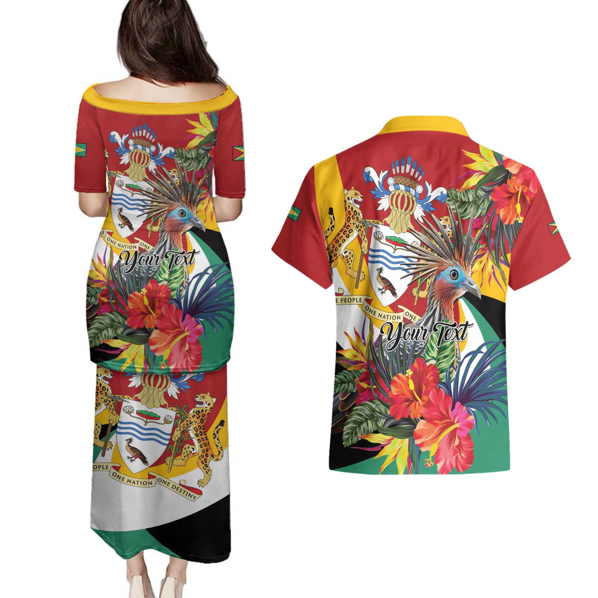 Personalized Guyana Canje Pheasant Couples Matching Puletasi and Hawaiian Shirt Tropical Flowers - Wonder Print Shop